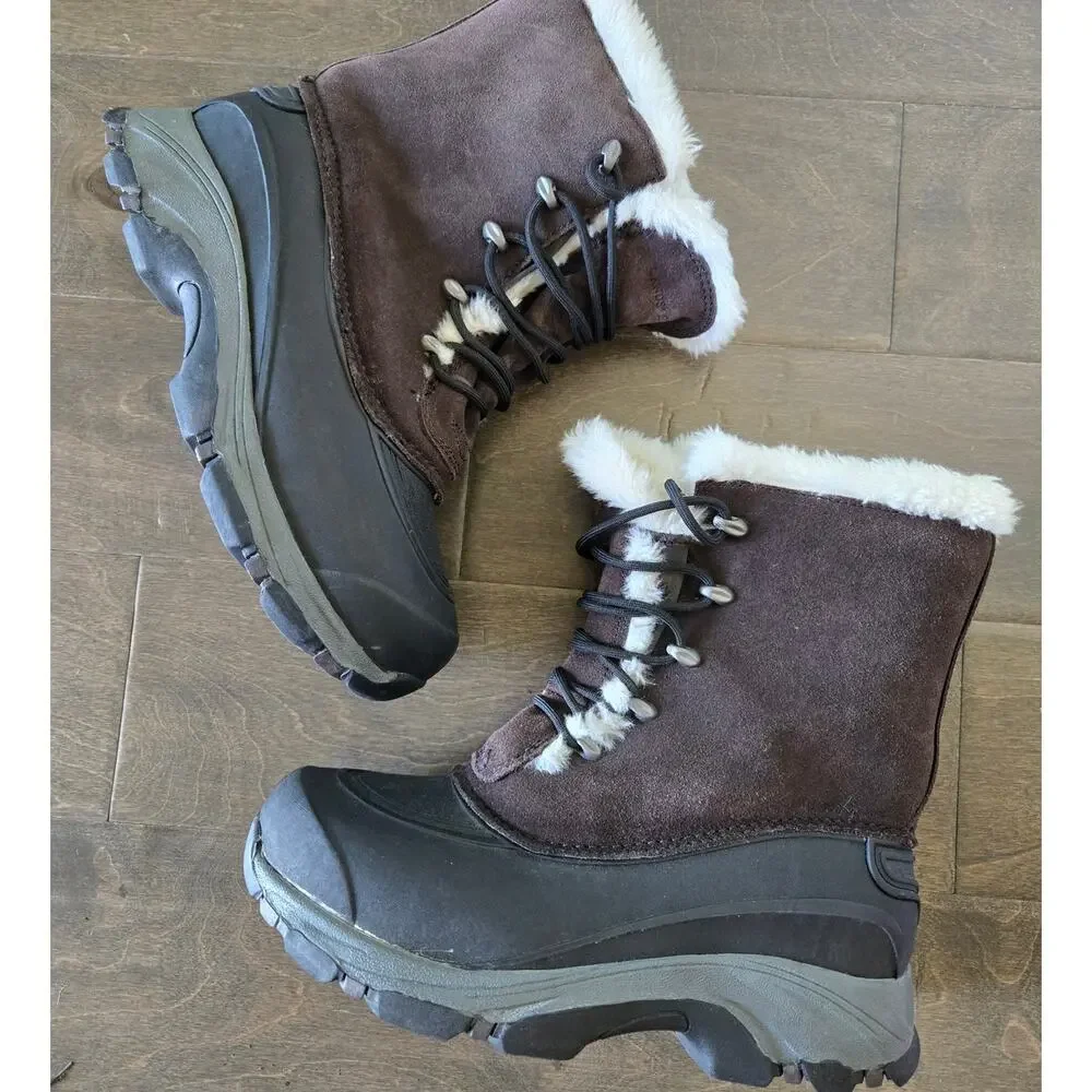 Lands' End Brown Suede Faux Fur Winter Snow Boots Women's US 8 Waterproof